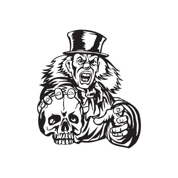 Top hat clown skull decal featuring black-and-white roaring face illustration