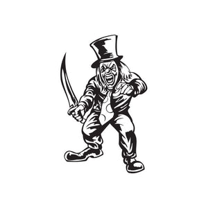 Clown with top hat and sword decal, black-and-white