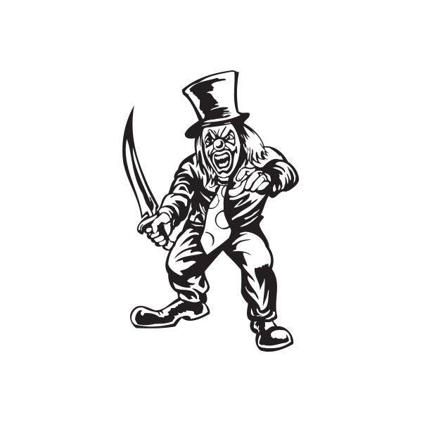 Clown with top hat and sword decal, black-and-white