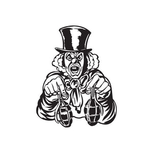 Clown top hat decal with menacing face and two grenades