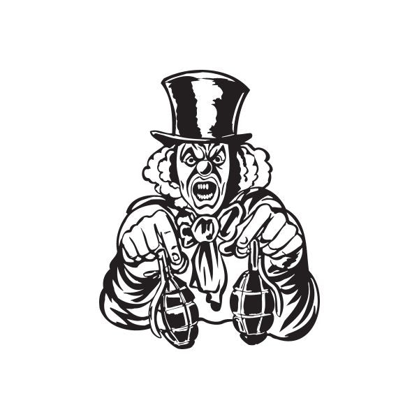 Clown top hat decal with menacing face and two grenades