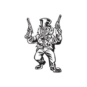 Clown top hat decal holding two guns, black line art