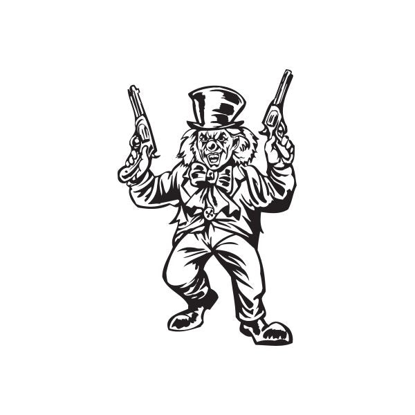 Clown top hat decal holding two guns, black line art