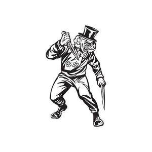 Top hat clown decal with two knives, black-and-white line art