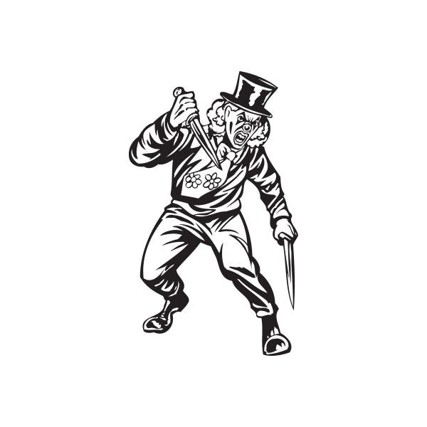 Top hat clown decal with two knives, black-and-white line art