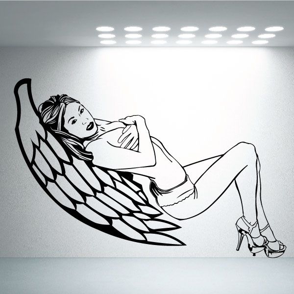 Angel decal with black line art of a winged figure lying on a cloud