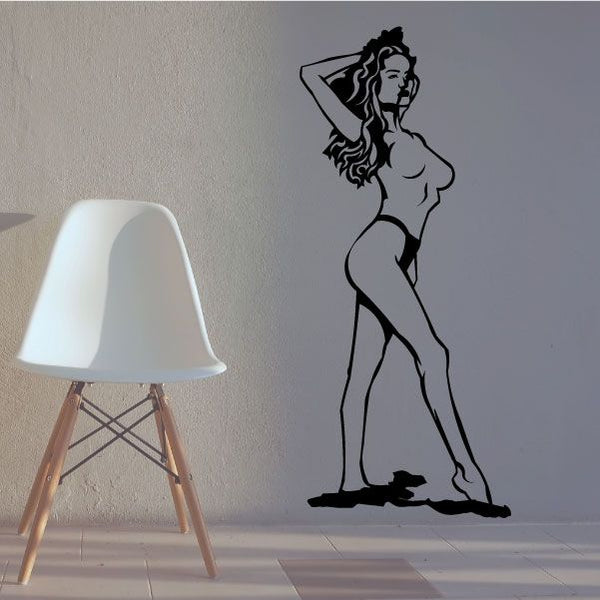 Bikini woman walking wall decal, black silhouette with hand on head pose