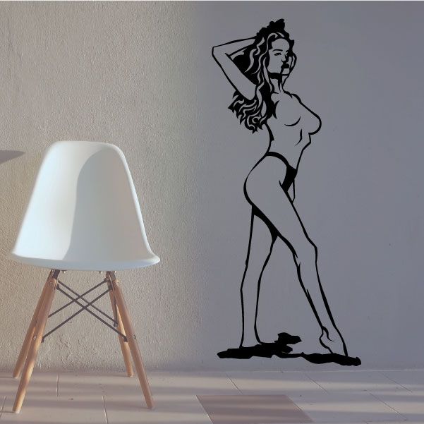 Bikini woman walking wall decal, black silhouette with hand on head pose