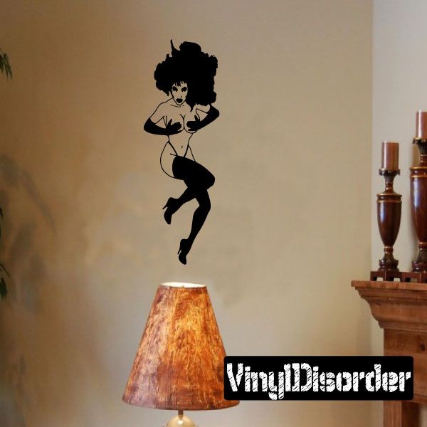 Woman in heels decal: black silhouette woman covering chest, wearing high heels