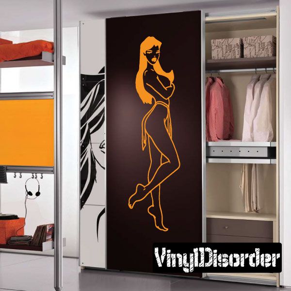 Line-art woman wall decal, yellow figure on dark background