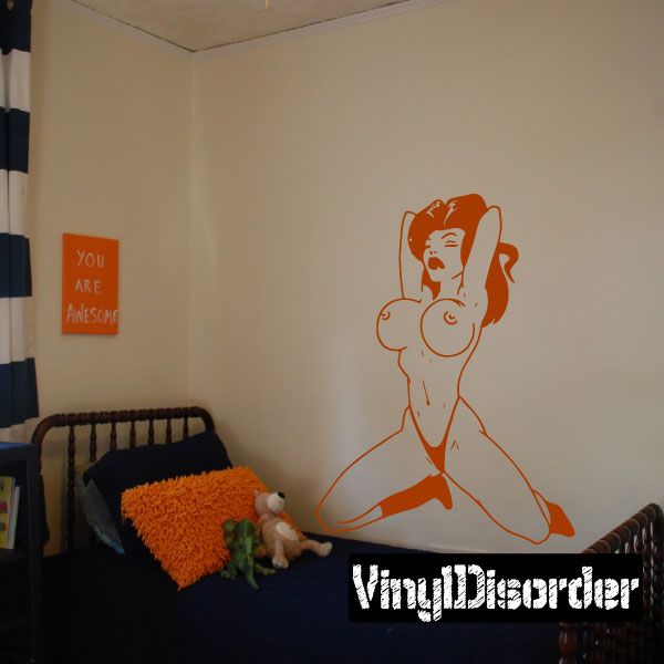 Topless dancer line-art wall decal in orange, seated pose with arms forward