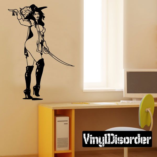 Female musketeer wall decal with bare chest, hat, boots, holding drawn sword