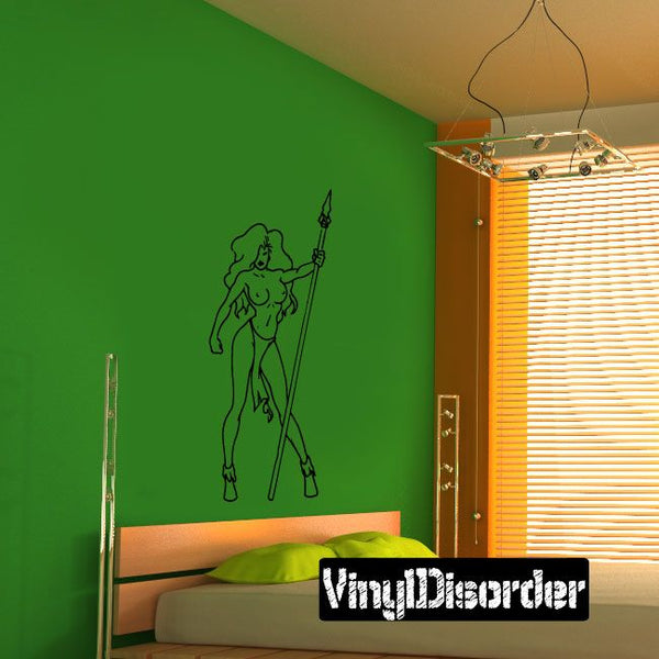 Huntress wall decal holding a spear in outline