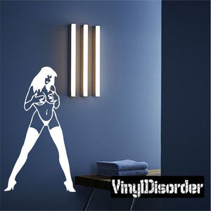 Stripper heels pose wall decal, white silhouette standing with hands at chest