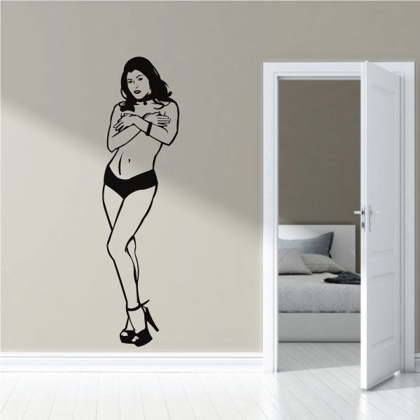 Topless woman in lingerie and high heels wall decal, arms crossed