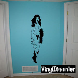 Topless walking shieldmaiden wall decal, black silhouette woman standing with weapon in hand