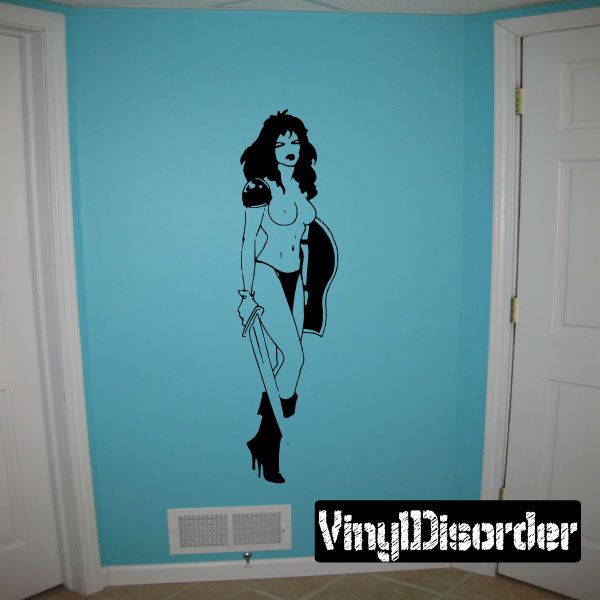 Topless walking shieldmaiden wall decal, black silhouette woman standing with weapon in hand