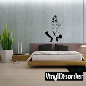 Topless woman in heels crouching wall decal, black silhouette