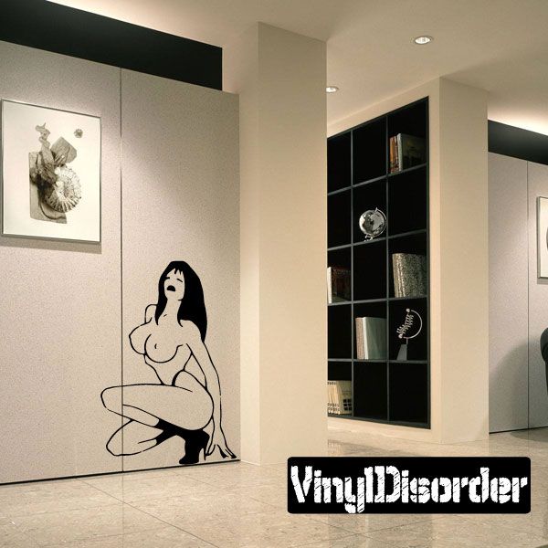 Wall vinyl decal of nude woman kneeling in high heels, minimalist line art