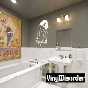White outline hula dancer vinyl wall decal with skirt and stylized silhouette