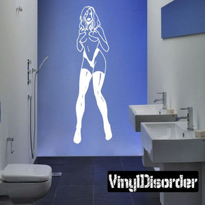 White outline woman figure decal wearing stockings and high heels