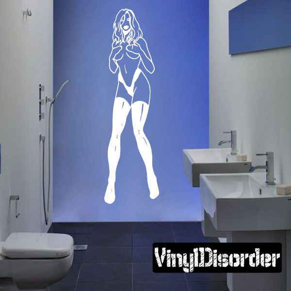 White outline woman figure decal wearing stockings and high heels