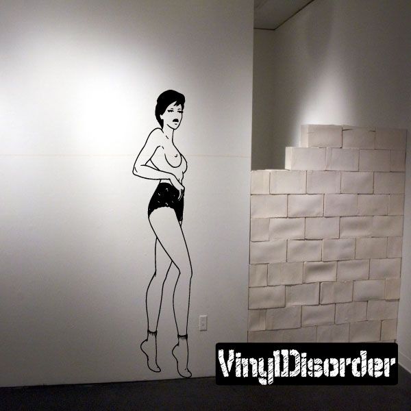Woman figure decal, black outline of topless woman in short shorts and socks