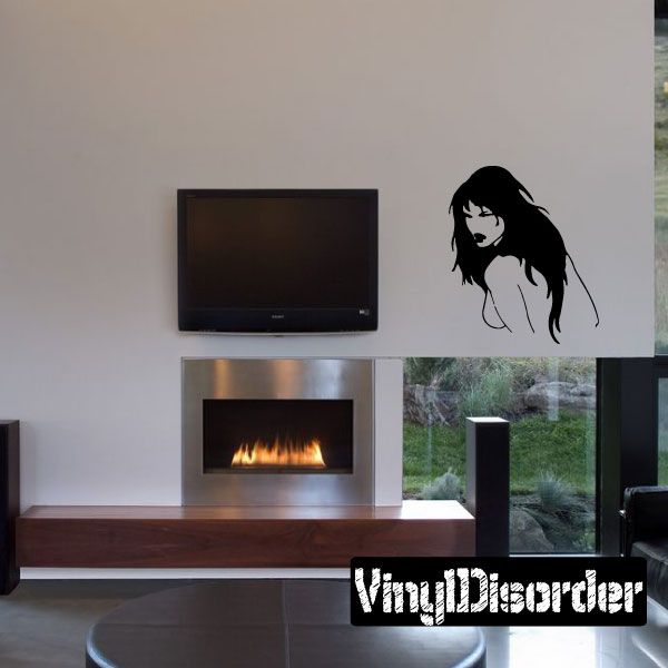 Black silhouette woman looking back wall decal with long flowing hair
