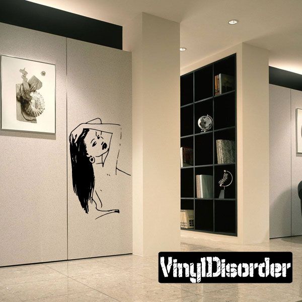 Hair-styling woman wall decal, black line art figure on light background