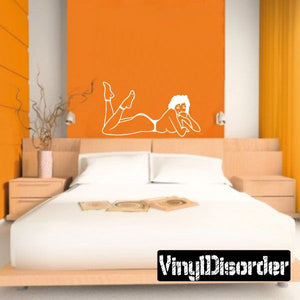 Pinup woman lounging wall decal with white outline and retro silhouette