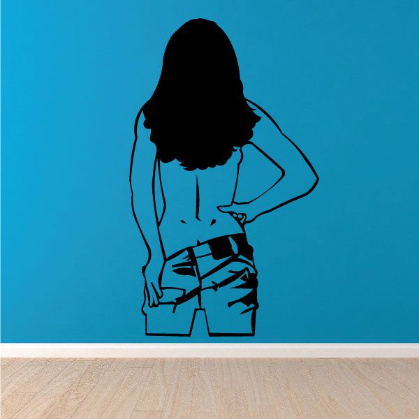 Woman silhouette decal wearing denim shorts, holding waistband in front