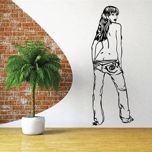 Woman removing jeans line art wall decal, black and white illustration