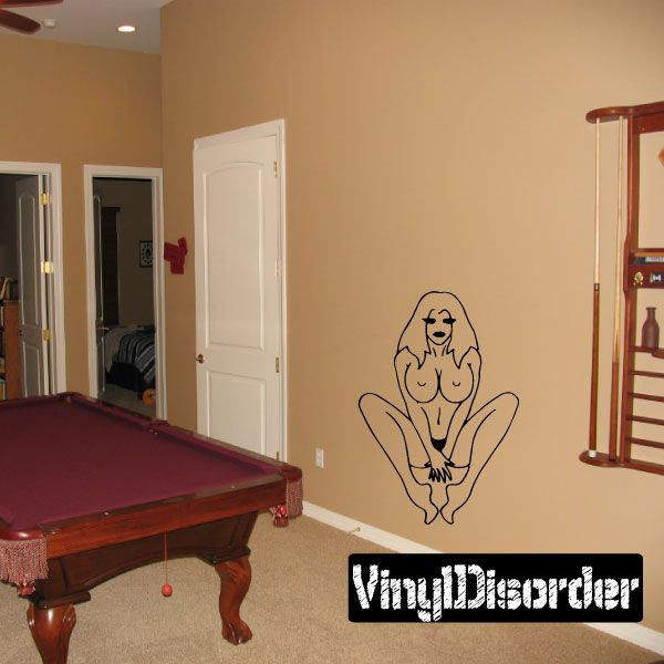 Seated nude woman line-art wall decal with text at bottom