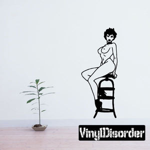 Topless woman sitting on stool wall decal, black and white line art illustration