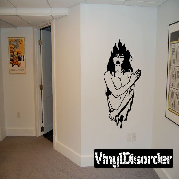 Topless woman illustration decal, black spiky hair and tear-like streaks