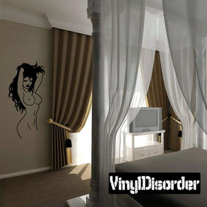 Black vinyl woman hair-toying wall decal, silhouette with raised arm