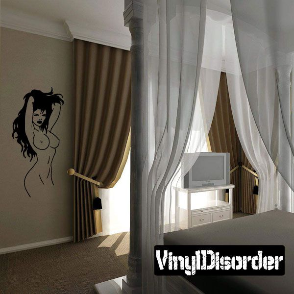 Black vinyl woman hair-toying wall decal, silhouette with raised arm
