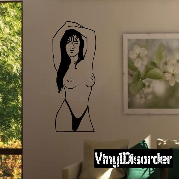 Black topless woman wall decal with arms raised, outline silhouette