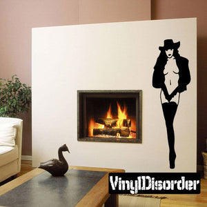 Vinyl decal of black silhouette woman with fancy coat and hat, full body