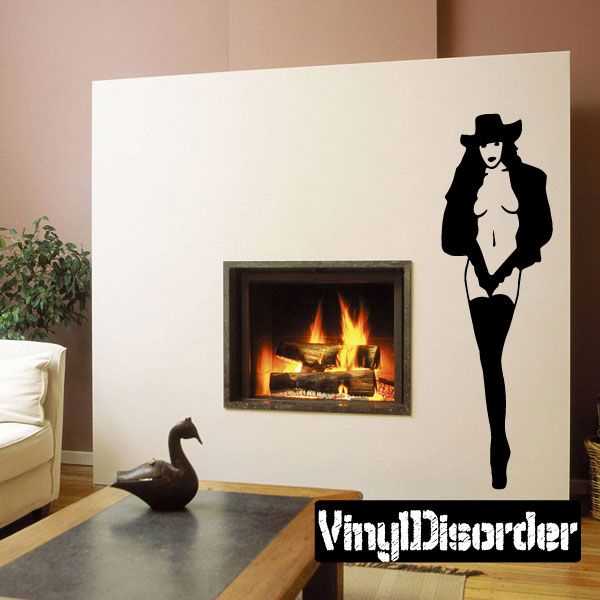 Vinyl decal of black silhouette woman with fancy coat and hat, full body