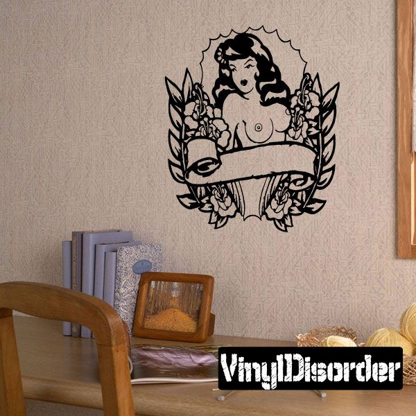Floral wreath woman tattoo decal, black outline with banner ribbon.