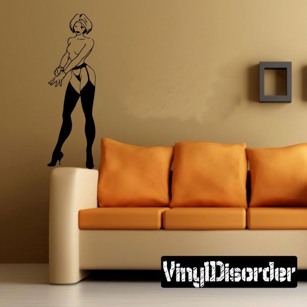 Woman in garter belt and heels wall decal, black silhouette