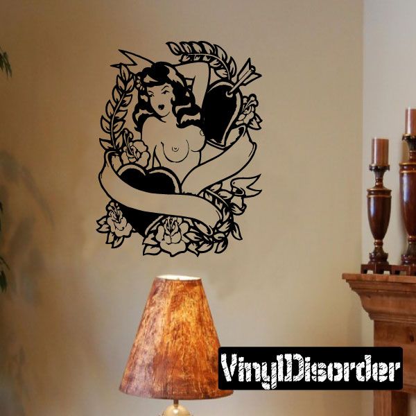 Tattoo decal of topless woman with decorative floral wreath, black outline