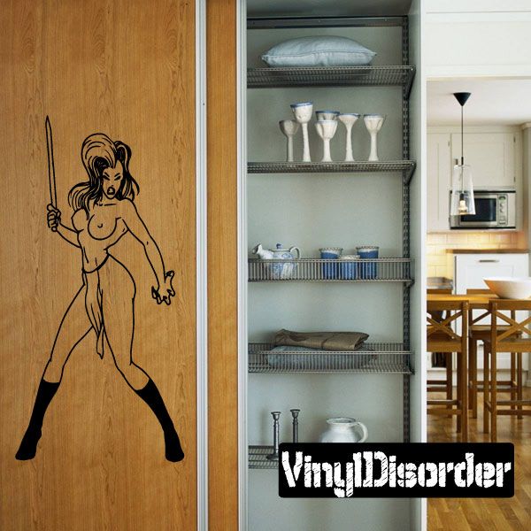 Woman with sword wall decal in black outline on wood door