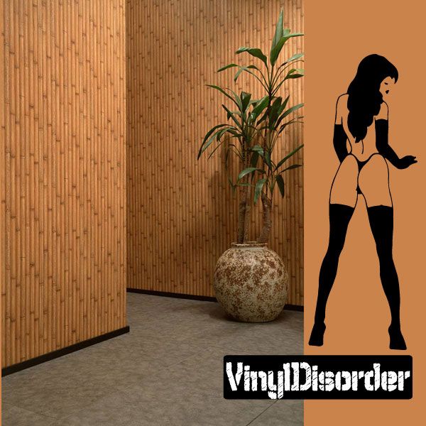 Black woman lingerie thigh-highs decal, full-body silhouette with logo text