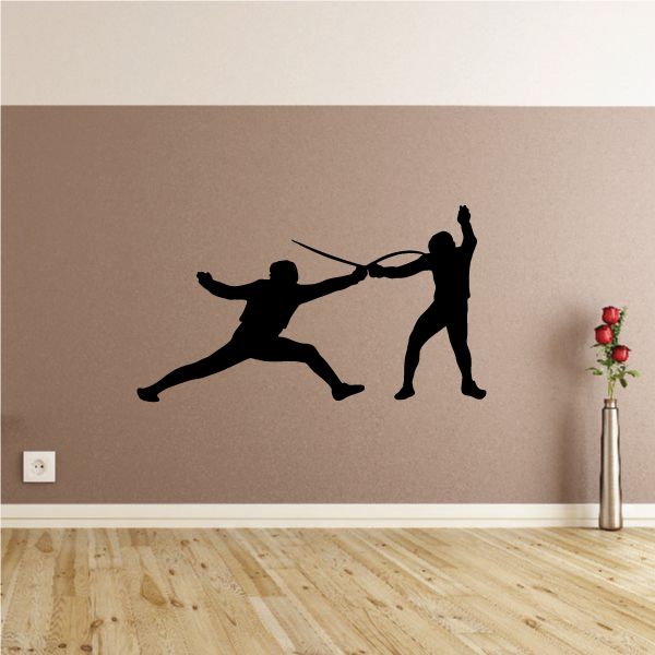 Touch fencing decal with two black fencer silhouettes in action pose