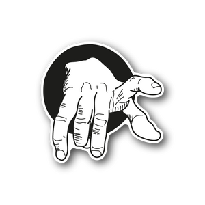 Hand vinyl sticker, white outlined cartoon hand with curved fingers and thumb