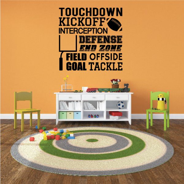 Football play wall decal with typography: TOUCHDOWN, KICKOFF, DEFENSE, END ZONE, GOAL TACKLE