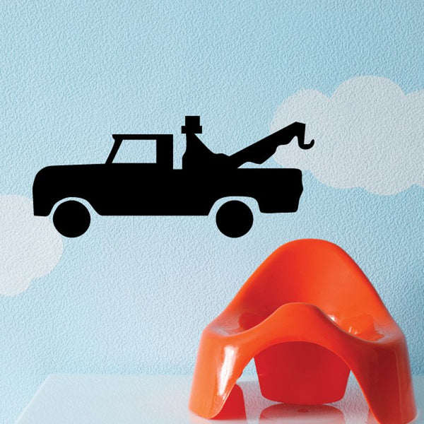Black tow truck vinyl wall decal with towing boom silhouette