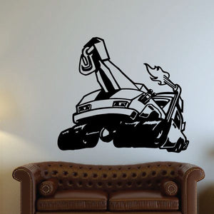 Tow truck wall decal, black vinyl graphic with small flame details